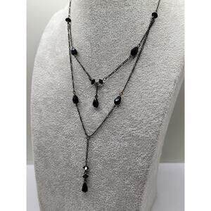 Vintage Gothic Y Necklace Black Glass Beads Double Drop Robert Rose Signed